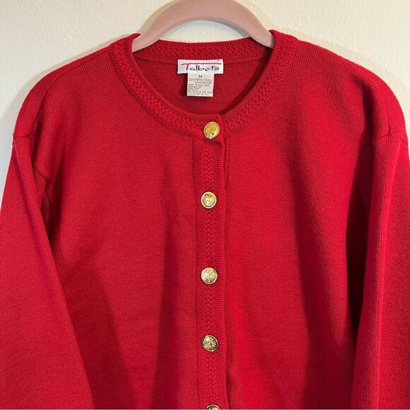 Talbots Red Merino Wool Gold Button Cardigan Sweater Medium Old Money Quiet Lux - Picture 2 of 15
